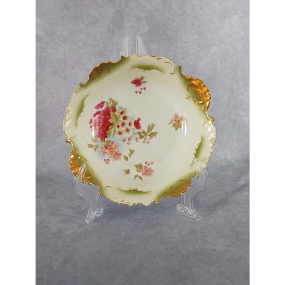 Unsure Other - ANTIQUE Possibly German Serving Bowl Green Pink Floral
